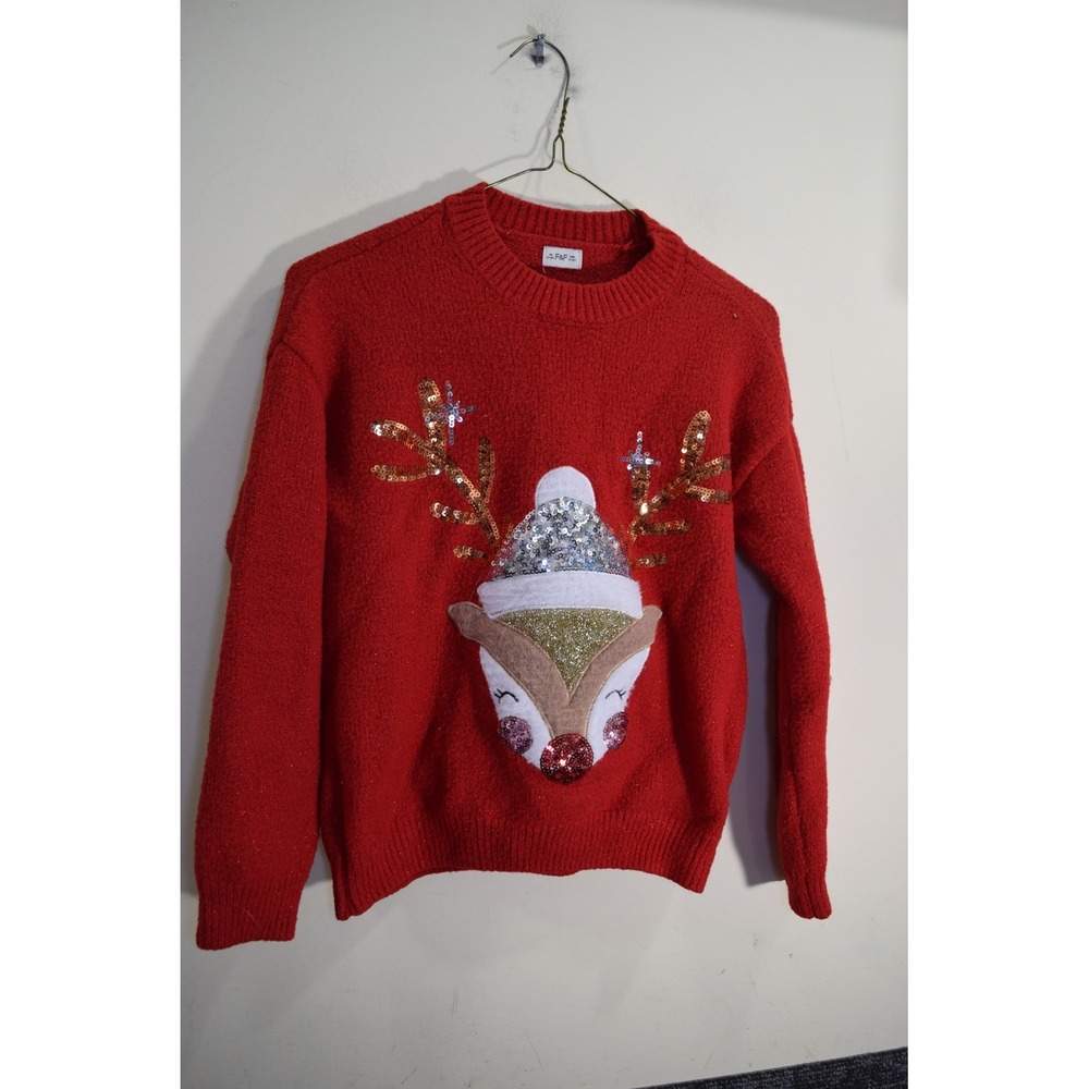 F&F SEQUIN Reindeer Embellished THICKER Soft Sweater GIRLS 11 12 Red Euro Brand